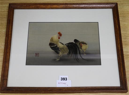 Japanese School, silkwork panel, cockerels, 17 x 27cm